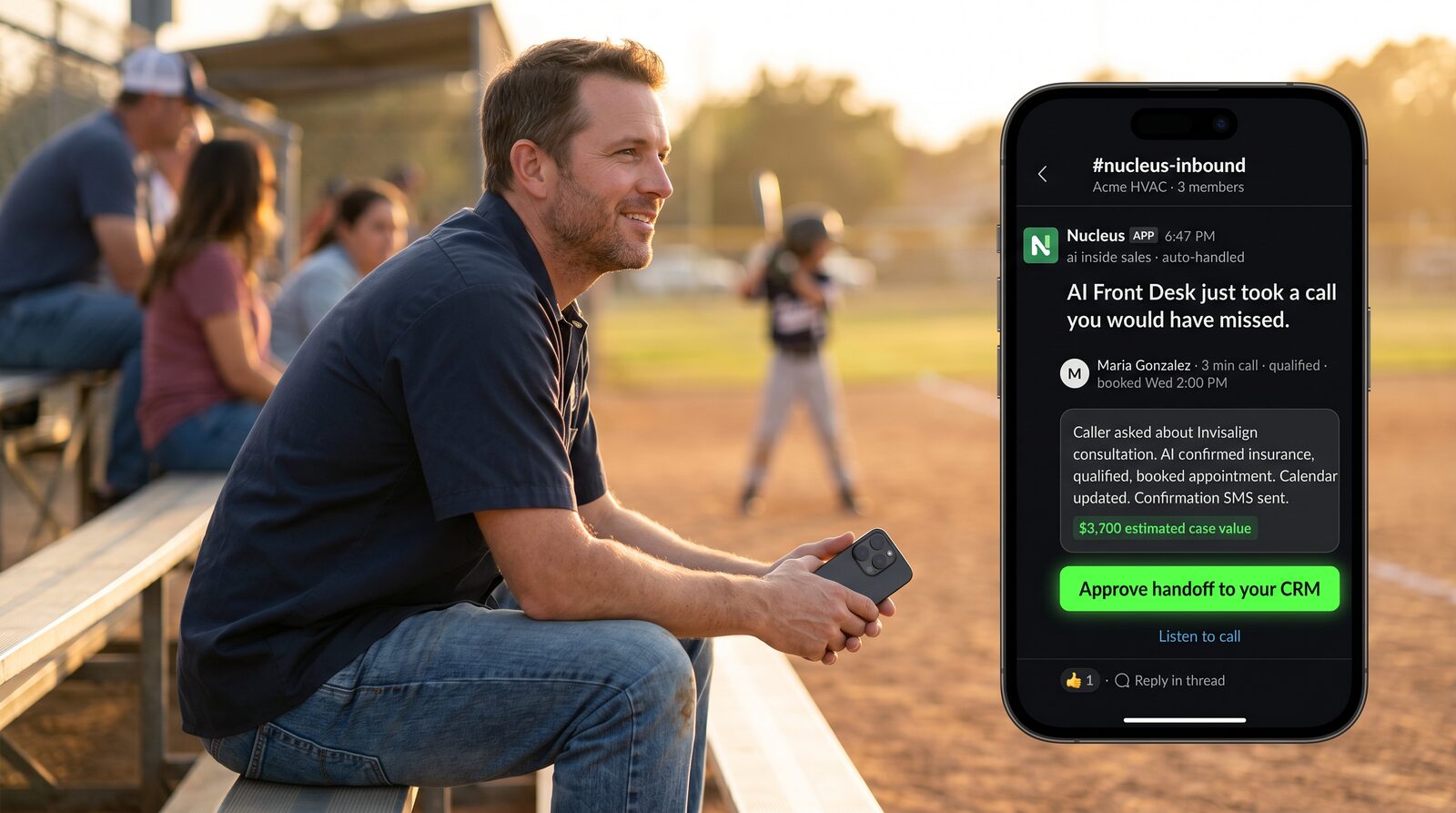 Owner at his kid's baseball game holding a phone showing the AI Front Desk just took a $3,700 inbound call he would have missed