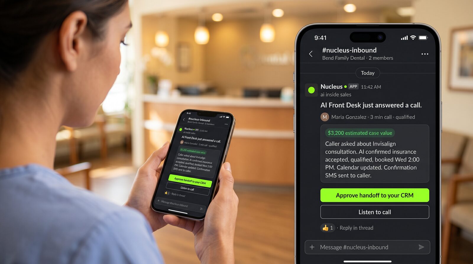 Dental office staff seeing the AI Front Desk handle an inbound Invisalign call notification with $3,200 case value, qualified and booked