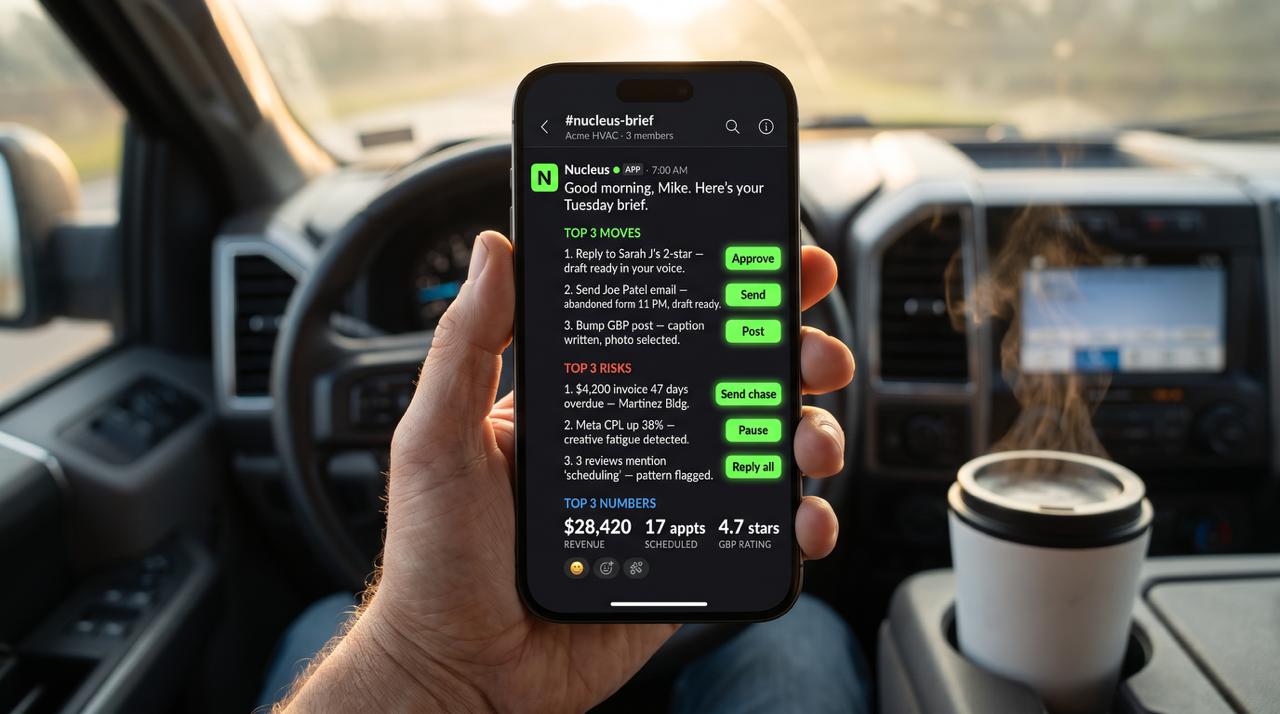 Nucleus daily brief delivered to Slack mobile in your work truck at 7am